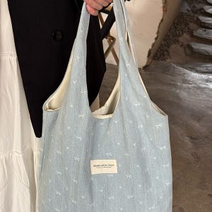 Korean Style Large Capacity Denim Canvas Tote Bag with Embroidery - Perfect Commuting Shoulder Bag for Students