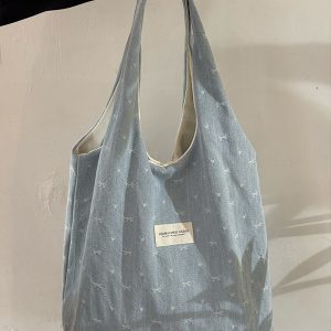 Korean Style Large Capacity Denim Canvas Tote Bag with Embroidery - Perfect Commuting Shoulder Bag for Students
