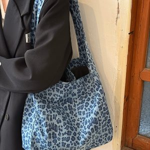 Korean-Style Leopard Print Canvas Tote Bag - Large Capacity Versatile Shoulder Bag for Commuting and Daily Use