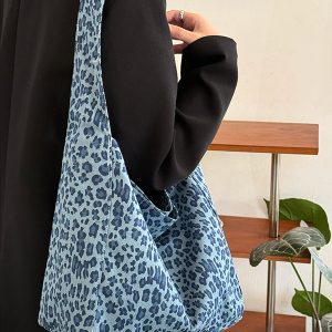Korean-Style Leopard Print Canvas Tote Bag - Large Capacity Versatile Shoulder Bag for Commuting and Daily Use