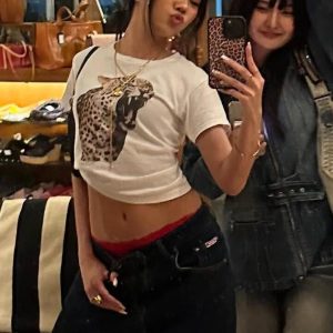 Korean Style Leopard Print Fitted Cotton Short Sleeve T-Shirt for Women - High Elastic Slim Fit, 25SS Trendy Fashion Essential