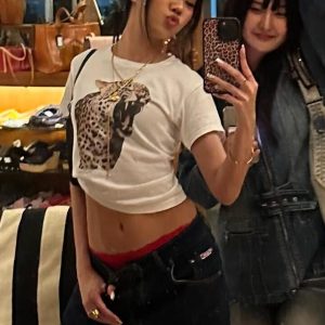 Korean Style Leopard Print Fitted Cotton Short Sleeve T-Shirt for Women - High Elastic Slim Fit, 25SS Trendy Fashion Essential