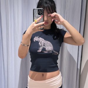 Korean Style Leopard Print Slim Fit Short Sleeve T-Shirt for Women - 25SS Pure Cotton Round Neck Top