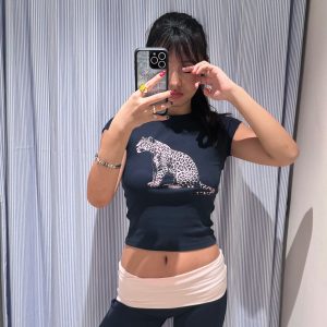 Korean Style Leopard Print Slim Fit Short Sleeve T-Shirt for Women - 25SS Pure Cotton Round Neck Top