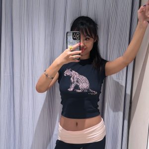 Korean Style Leopard Print Slim Fit Short Sleeve T-Shirt for Women - 25SS Pure Cotton Round Neck Top