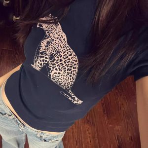 Korean Style Leopard Print Slim Fit Short Sleeve T-Shirt for Women - 25SS Pure Cotton Round Neck Top
