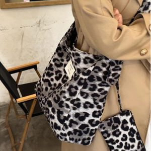 Korean-Style Leopard Print Wool Tote Bag for Women | Large Capacity Mother-Daughter Shoulder Crossbody Bag