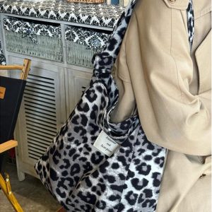 Korean-Style Leopard Print Wool Tote Bag for Women | Large Capacity Mother-Daughter Shoulder Crossbody Bag