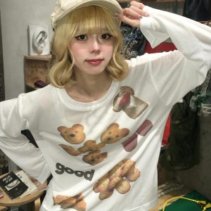 Korean Style Long Sleeve T-Shirt for Women - Spring Bear Dessert Print, Thin Sun Protection Cover-Up, Loose Casual Top