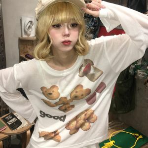 Korean Style Long Sleeve T-Shirt for Women - Spring Bear Dessert Print, Thin Sun Protection Cover-Up, Loose Casual Top