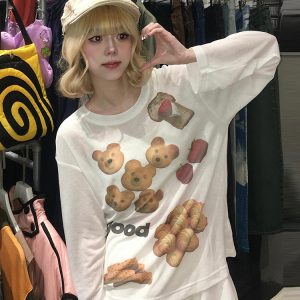 Korean Style Long Sleeve T-Shirt for Women - Spring Bear Dessert Print, Thin Sun Protection Cover-Up, Loose Casual Top