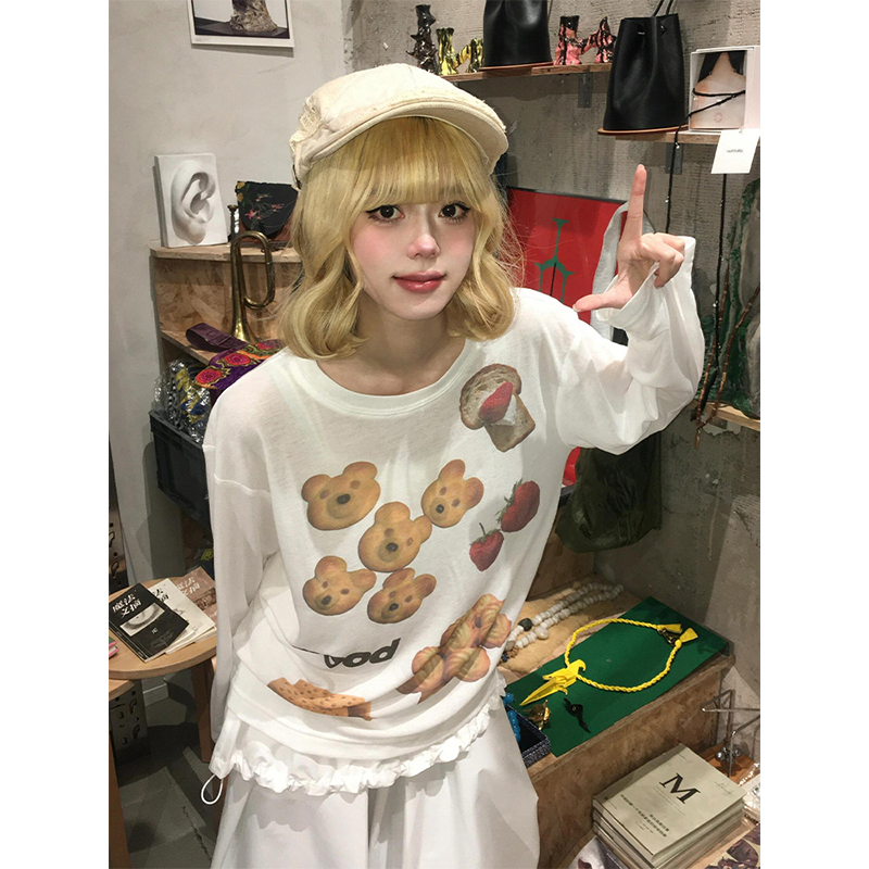 Korean Style Long Sleeve T-Shirt for Women - Spring Bear Dessert Print, Thin Sun Protection Cover-Up, Loose Casual Top