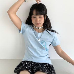 Korean-Style Love Key Rhinestone Short Sleeve Top for Women - Casual Cool Regular Fit Fashion Tee