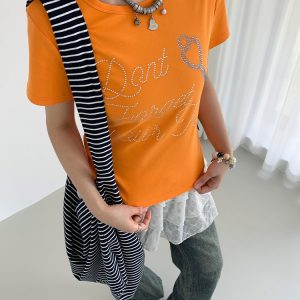 Korean-Style Love Key Rhinestone Short Sleeve Top for Women - Casual Cool Regular Fit Fashion Tee
