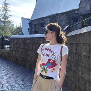 Korean Style Magical Witch Cartoon Print Short Sleeve Slim Fit High-Stretch Cotton T-Shirt for Women