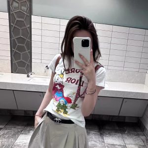 Korean Style Magical Witch Cartoon Print Short Sleeve Slim Fit High-Stretch Cotton T-Shirt for Women