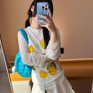 Korean Style Minimalist Clear Lemon Print Long Sleeve T-Shirt for Women - Casual Sun Protection Cotton Cover-Up