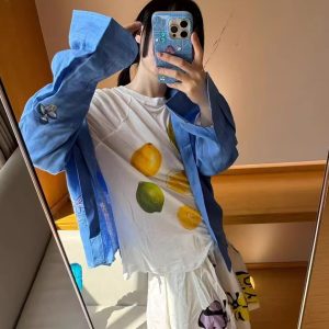 Korean Style Minimalist Clear Lemon Print Long Sleeve T-Shirt for Women - Casual Sun Protection Cotton Cover-Up