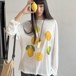 Korean Style Minimalist Clear Lemon Print Long Sleeve T-Shirt for Women - Casual Sun Protection Cotton Cover-Up