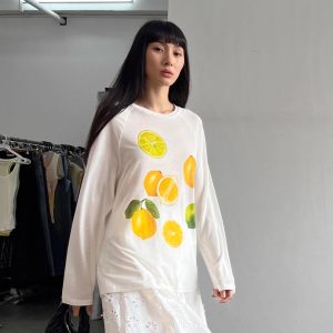 Korean Style Minimalist Clear Lemon Print Long Sleeve T-Shirt for Women - Casual Sun Protection Cotton Cover-Up