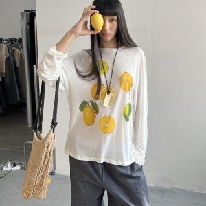 Korean Style Minimalist Clear Lemon Print Long Sleeve T-Shirt for Women - Casual Sun Protection Cotton Cover-Up