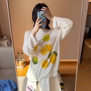 Korean Style Minimalist Clear Lemon Print Long Sleeve T-Shirt for Women - Casual Sun Protection Cotton Cover-Up