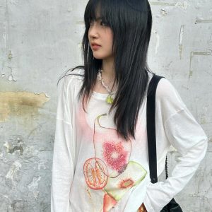 Korean Style Minimalist Fruit Slice Print Long Sleeve Sun Protection T-Shirt for Women - Lightweight Cotton Cover-Up