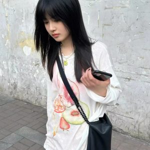 Korean Style Minimalist Fruit Slice Print Long Sleeve Sun Protection T-Shirt for Women - Lightweight Cotton Cover-Up