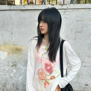 Korean Style Minimalist Fruit Slice Print Long Sleeve Sun Protection T-Shirt for Women - Lightweight Cotton Cover-Up