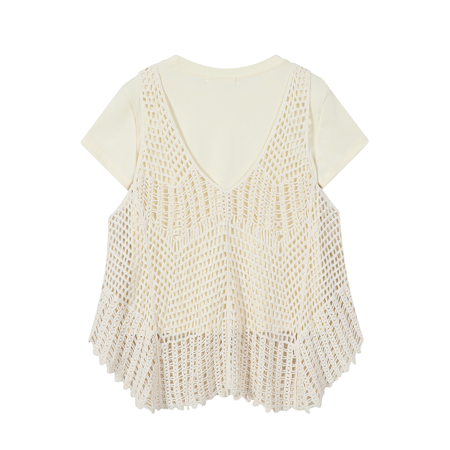 Korean-Style Minimalist Hollow Knit Cardigan and T-Shirt Two-Piece Set with Bohemian Fringe for Vacation Style