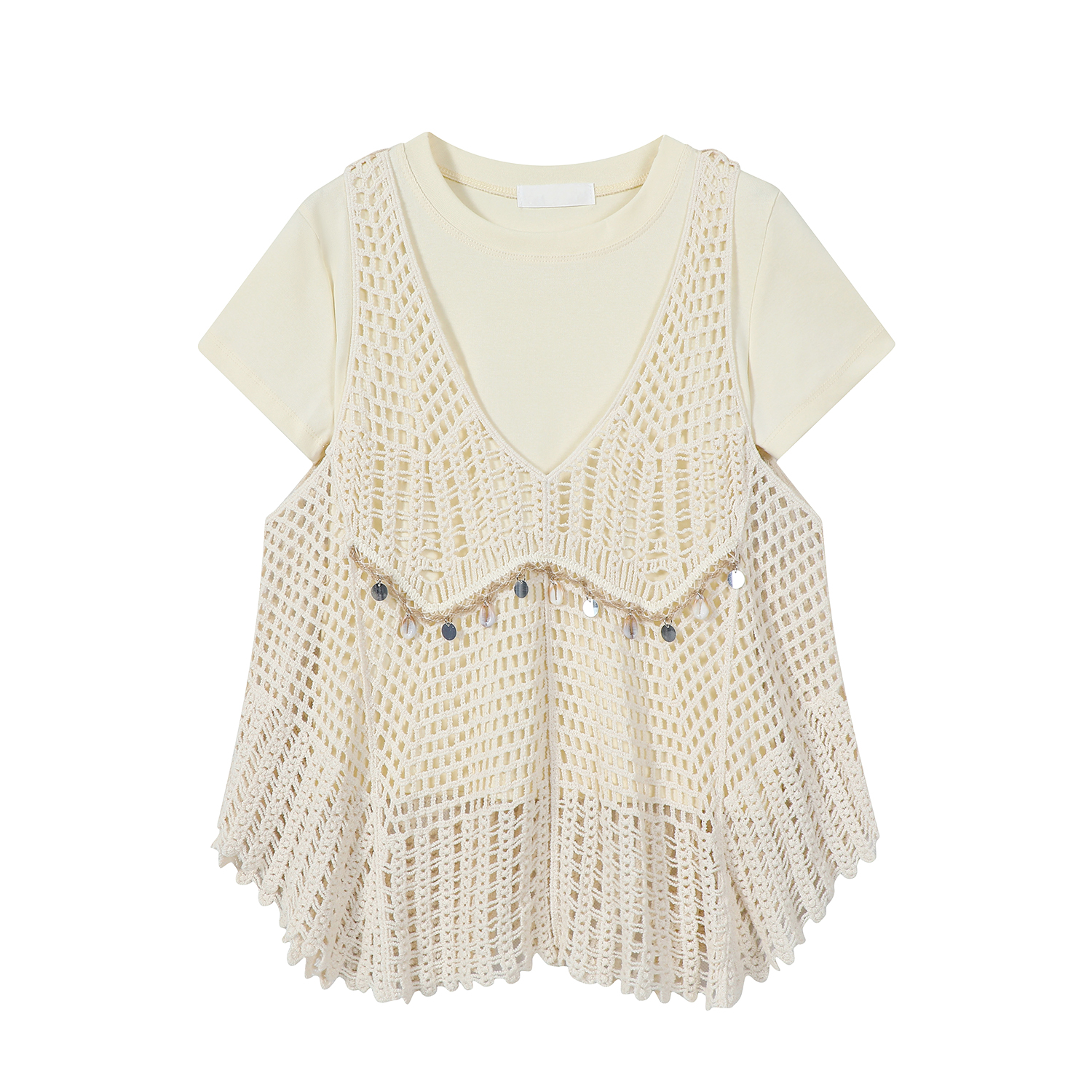 Korean-Style Minimalist Hollow Knit Cardigan and T-Shirt Two-Piece Set with Bohemian Fringe for Vacation Style