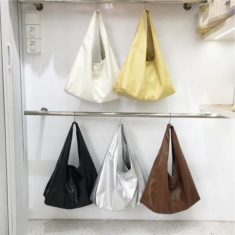 Korean Style Minimalist Large Capacity Tote Bag in High-Quality Silver Oil Wax Leather – Stylish Handheld Shoulder Bag for Everyday Use