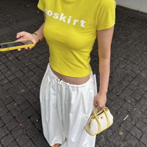 Korean Style Minimalist Letter Print Fitted Short-Sleeve High-Stretch Cotton T-Shirt for Women