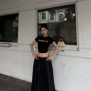 Korean Style Minimalist Letter Print Fitted Short-Sleeve High-Stretch Cotton T-Shirt for Women