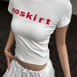 Korean Style Minimalist Letter Print Fitted Short-Sleeve High-Stretch Cotton T-Shirt for Women