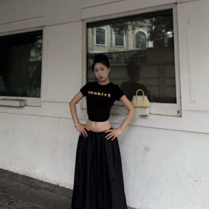 Korean Style Minimalist Letter Print Fitted Short-Sleeve High-Stretch Cotton T-Shirt for Women