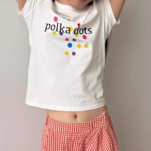 Korean Style Minimalist Polka Dot Color-Block Heart Print Short Sleeve Fitted Cotton T-Shirt for Women