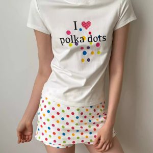 Korean Style Minimalist Polka Dot Color-Block Heart Print Short Sleeve Fitted Cotton T-Shirt for Women