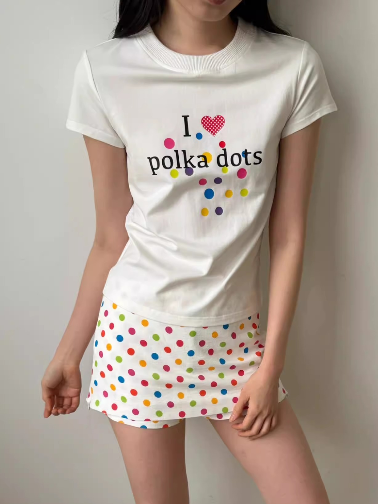 Korean Style Minimalist Polka Dot Color-Block Heart Print Short Sleeve Fitted Cotton T-Shirt for Women Korean Style Minimalist Polka Dot Color-Block Heart Print Short Sleeve Fitted Cotton T-Shirt for Women