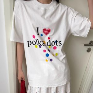 Korean Style Minimalist Polka Dot Color-Block Heart Print Short Sleeve Fitted Cotton T-Shirt for Women