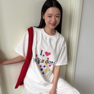 Korean Style Minimalist Polka Dot Color-Block Heart Print Short Sleeve Fitted Cotton T-Shirt for Women
