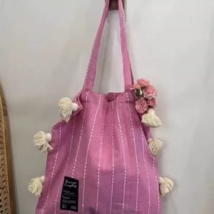 Korean-Style Multi-Color Tassel Shoulder Bag - Unique Artistic Striped Underarm Canvas Bag for Casual Outfits