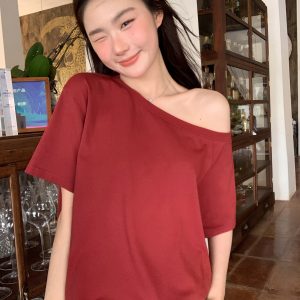 Korean Style Off-Shoulder Loose T-Shirt for Women - Summer 2025 Slimming Top with High-End Feel, Casual Fashion Essential