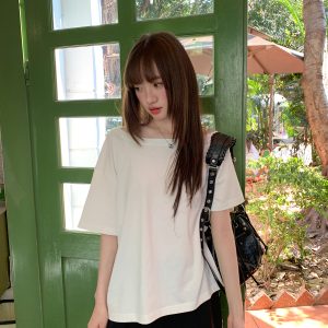 Korean Style Off-Shoulder Loose T-Shirt for Women - Summer 2025 Slimming Top with High-End Feel, Casual Fashion Essential