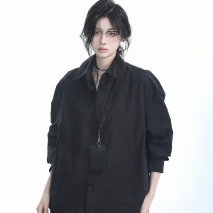 Korean Style Oversized Black Long Sleeve Shirt for Women - High-End Casual Autumn Top with "Sit and Eat Until the Mountains Are Empty" Design