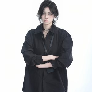 Korean Style Oversized Black Long Sleeve Shirt for Women - High-End Casual Autumn Top with 