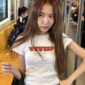 Korean Style Phantom Letter Print Short Sleeve Slim Fit Pure Cotton T-Shirt for Women - Trendy Casual Fashion Top