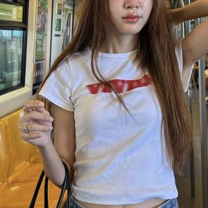 Korean Style Phantom Letter Print Short Sleeve Slim Fit Pure Cotton T-Shirt for Women - Trendy Casual Fashion Top