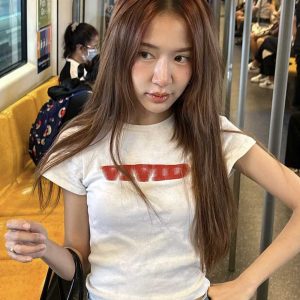 Korean Style Phantom Letter Print Short Sleeve Slim Fit Pure Cotton T-Shirt for Women - Trendy Casual Fashion Top