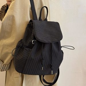 Korean-Style Plaid Drawstring Backpack - Large Capacity Lightweight Nylon Student Commuter Bag